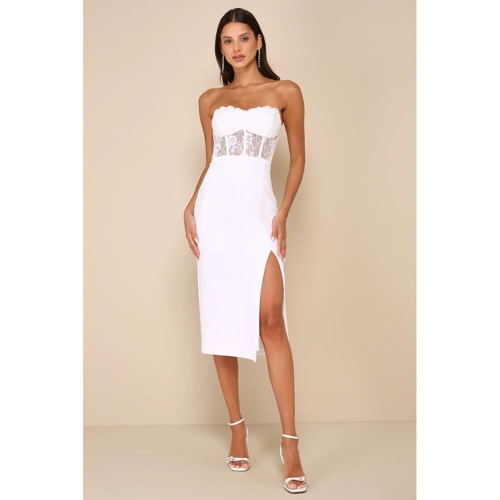 LULU's XL Exquisitely Sultry White Lace Strapless Bustier Midi Bach Shower Dress